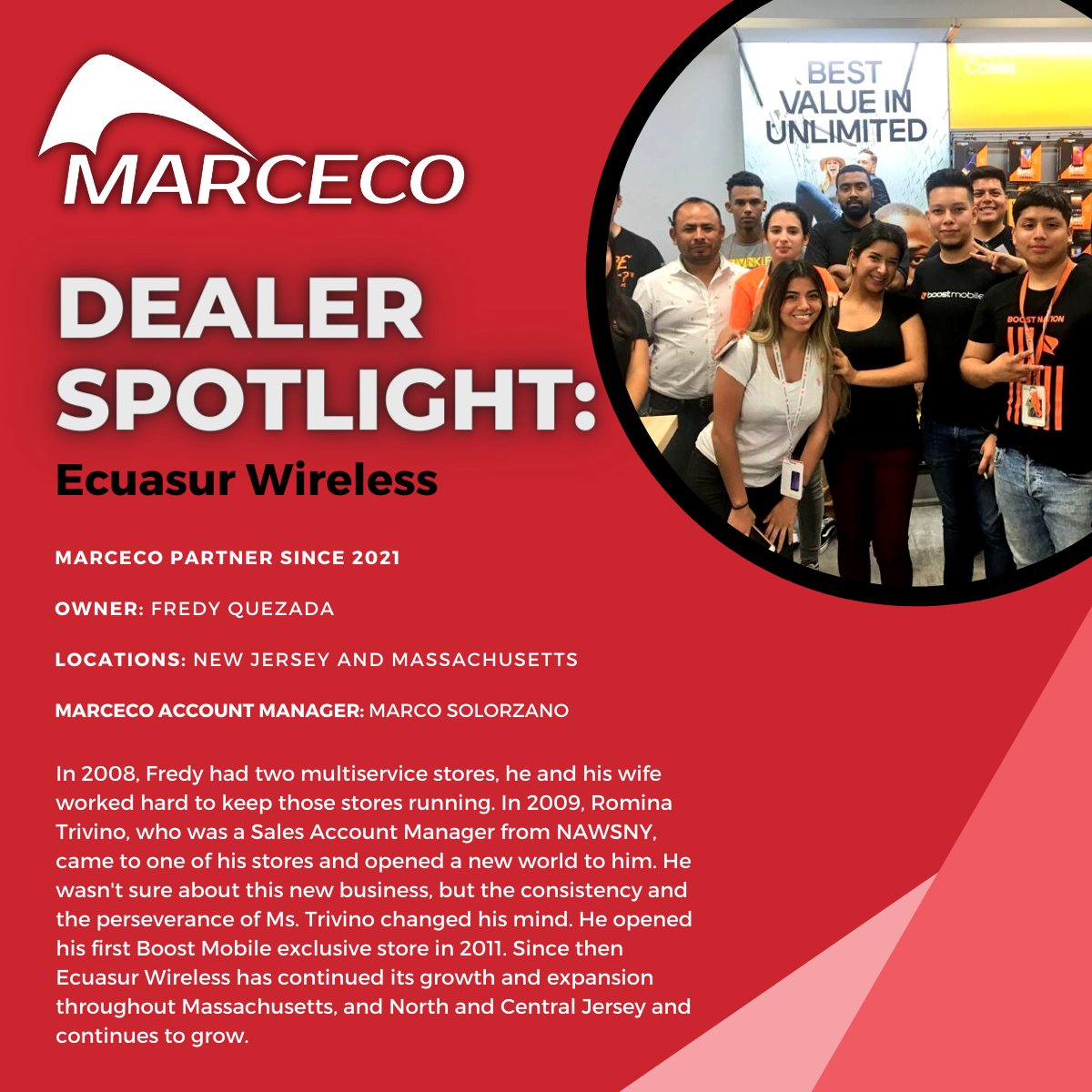 Our Dealer Spotlight this month goes to Ecuasur Wireless based out of New Jersey and Massachusetts

Thank you, Ecusaur for being a great partner! We look forward to doing more business with you in the years to come.

#MarcecoNation