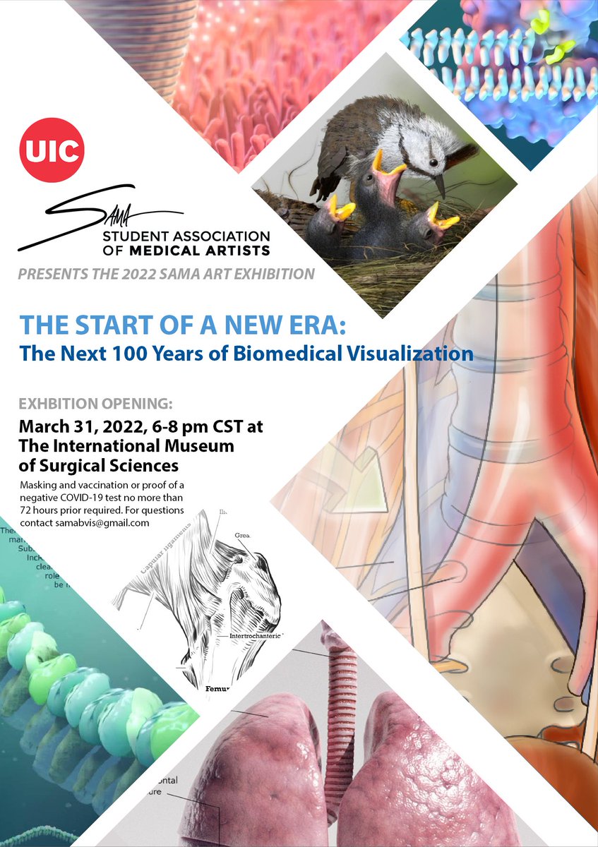 UIC_BVIS's tweet photo. Join us in person this Thursday, March 31st, 2022, from 6-8pm, for the opening of the 2022 SAMA Art Exhibit, “The Start of a New Era”, at The International Museum of Surgical Sciences (IMSS) in Chicago.

For questions contact samabvis@gmail.com
#medicalillustration #scicomm https://t.co/Zwi7Jjcwcc