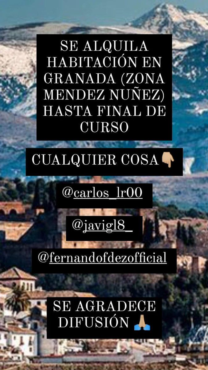 fernandofdezoff's tweet photo. SE ALQUILA HABITACIÓN EN GRANADA (ZONA MENDEZ NUÑEZ) HASTA FINAL DE CURSO. 
SE AGRADECE DIFUSIÓN 🙏🏼 https://t.co/umik7DJ6B6