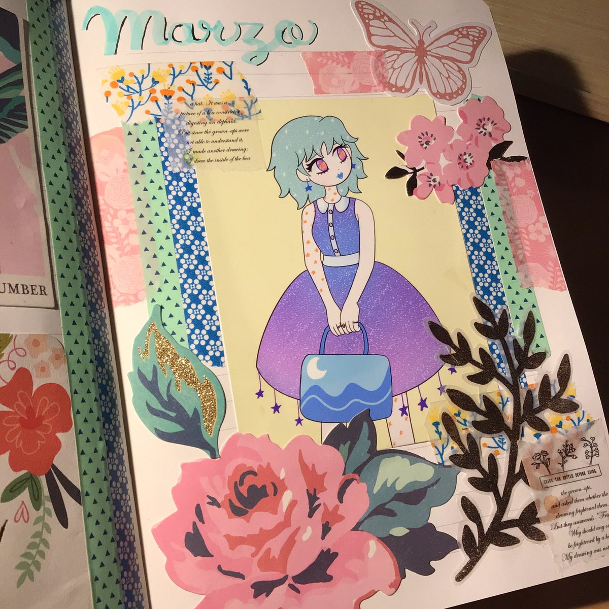 I used one of my old drawings to decor my journal ⭐️ 

#journaling #originalcharacter #springinspo #drawing #collage