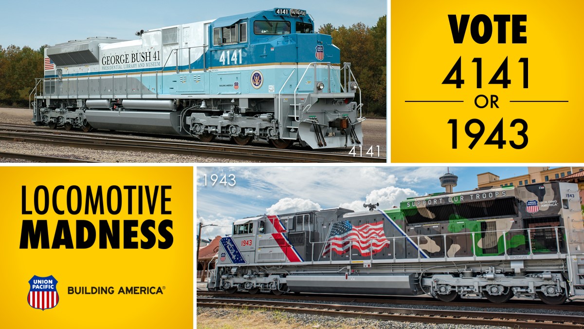 UnionPacific's tweet photo. Concluding the second round of #LocomotiveMadness is a match-up between the #UP4141, honoring late President George H.W. Bush, vs. #UP1943, The Spirit, honoring the U.S. Armed Forces! https://t.co/KymV7P6HRV