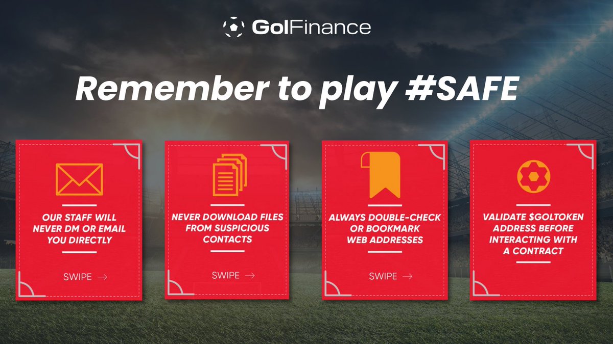 FinanceGol's tweet photo. 📢 For your security!

⚽️ Remember to play safe! 

⚽️ Our Staff will never DM or email you directly! 

⚽️ Never download files from suspicious contacts! 

 ⚽️ Always double - check or bookmark web addresses

⚽️ Validate $GOLTOKEN address before interaction with a contract!

#bscs https://t.co/fQN6fPzxDv