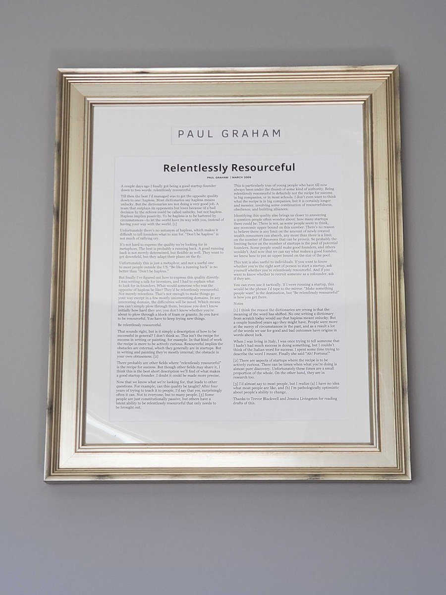 evfrl's tweet photo. we sent @paulg’s Relentlessly Resourceful to everyone on the team, framed. A great reminder that things only happen when you ruthlessly will them into reality https://t.co/QnlMpG4QcW