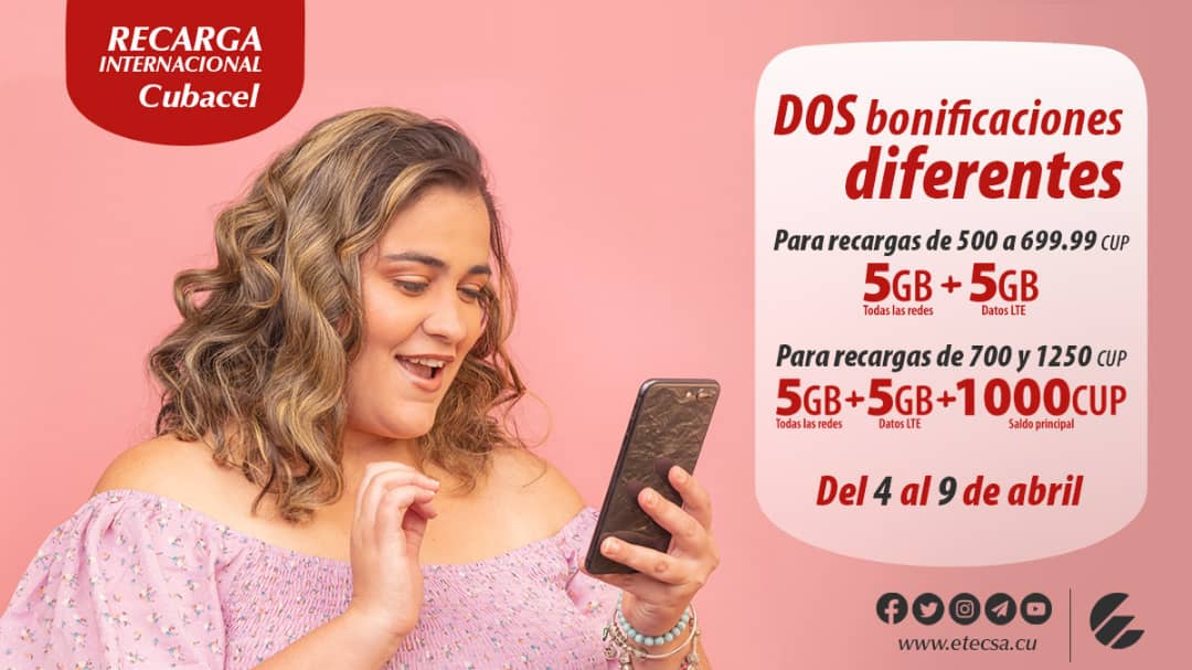 🥁 #Promoción de RECARGA Internacional del 4 al 9/4.
Según el monto de la recarga recibida es la bonificación:
➡️ Entre 500 y 699.99 CUP 👉 bono de 5GB(todas las redes)+5GB(LTE)
➡️ Entre 700 y 1250 CUP 👉 bono de 5GB(todas las redes)+5GB(LTE)+1000CUP de saldo principal adicional