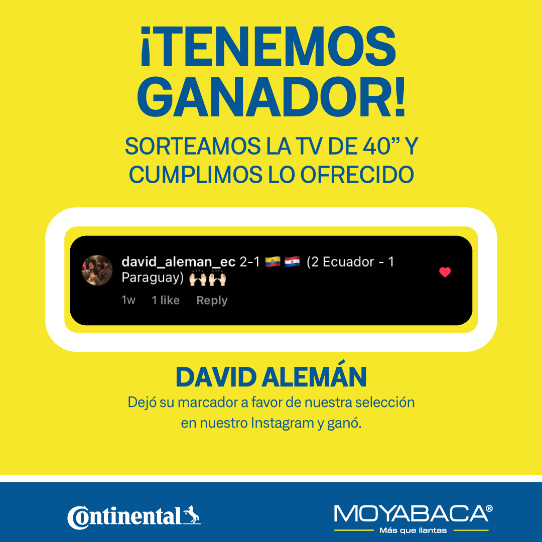 moyabaca's tweet photo. 🇪🇨¡#Moyabaca y #Continental cumplen!🇪🇨
Como ofrecimos: sorteamos una TV de 40" entre todos quienes pronosticaron que ganaba #Ecuador. 
⚽️¿Tú también quieres ganar?⚽️
📌Compra tus llantas Continental en nuestros locales hasta el 30 de Abril y listo: ¡Ya estás participando! https://t.co/dNAgPcPXHd