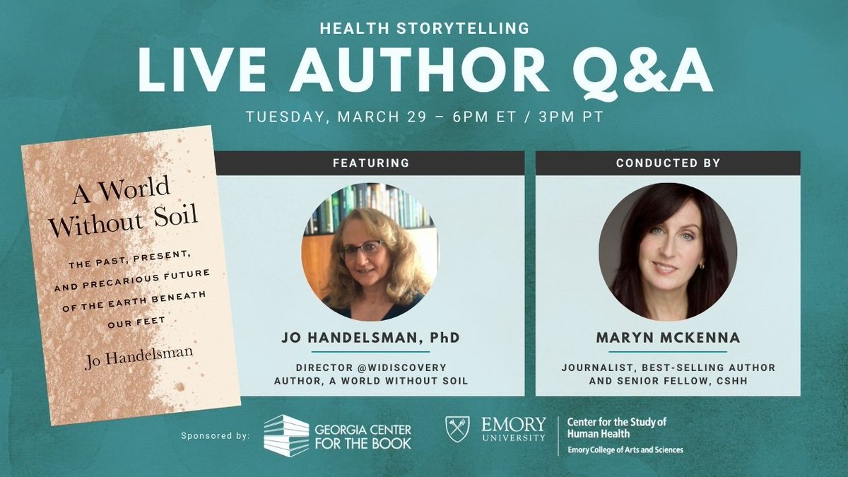 MichelleLampl's tweet photo. Tonight 6pm ET. 5pm CT #HealthStorytelling with @marynmck & Dr. Jo Handelsman @jo44atWID
@WIDiscovery. Live on @Twitter & YT at:
https://t.co/46gzR4MbrZ
@QuaveEthnobot @EmoryHerbarium
#SoilRocks
#ScienceAuthors
#ScienceTwitter
Sponsor @GaCntr4TheBook
Produced by @SpinItSocial https://t.co/84em1Vna4H