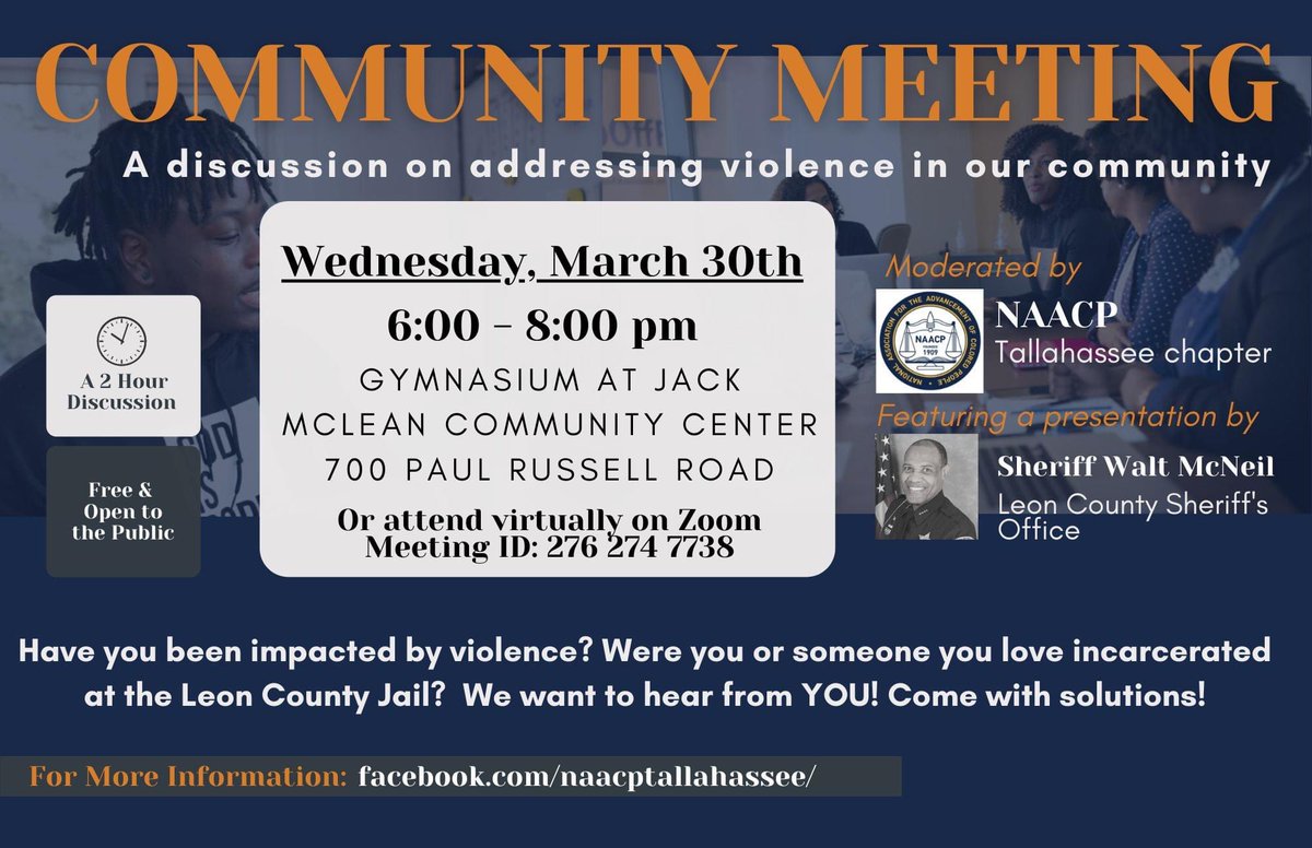 The NAACP Criminal Justice Committee presents:

Addressing Violence in our Community with Sheriff Walt McNeill
Wednesday, March 30th, 6pm-8pm
IN PERSON
Gymnasium at Jack McLean Community Center
700 Paul Russell Road
Virtually attendance on Zoom. Meeting ID: 276 274 7738
