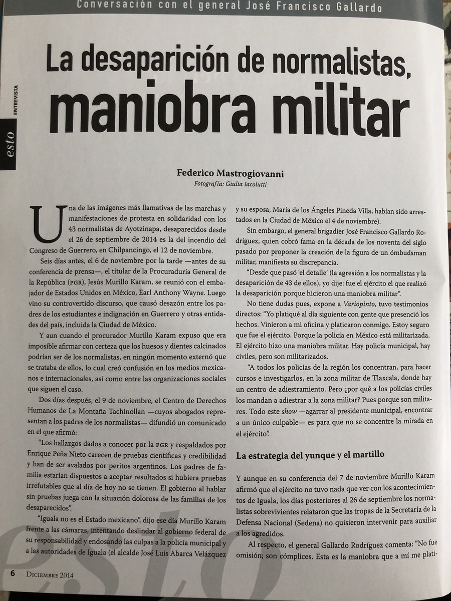 Fedemast's tweet photo. En noviembre de 2014 entrevisté al general Francisco Gallardo para la revista #Variopinto (salió en el número de diciembre) sobre el caso #Ayotzinapa y #Tlatlaya.
No tenía duda de que se tratara de una maniobra militar.
Les dejo la entrevista completa. https://t.co/9p2bjrTLcR