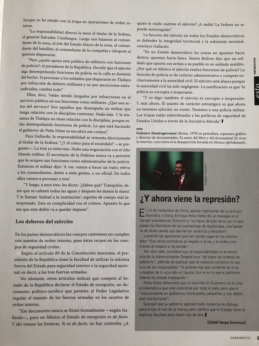 Fedemast's tweet photo. En noviembre de 2014 entrevisté al general Francisco Gallardo para la revista #Variopinto (salió en el número de diciembre) sobre el caso #Ayotzinapa y #Tlatlaya.
No tenía duda de que se tratara de una maniobra militar.
Les dejo la entrevista completa. https://t.co/9p2bjrTLcR