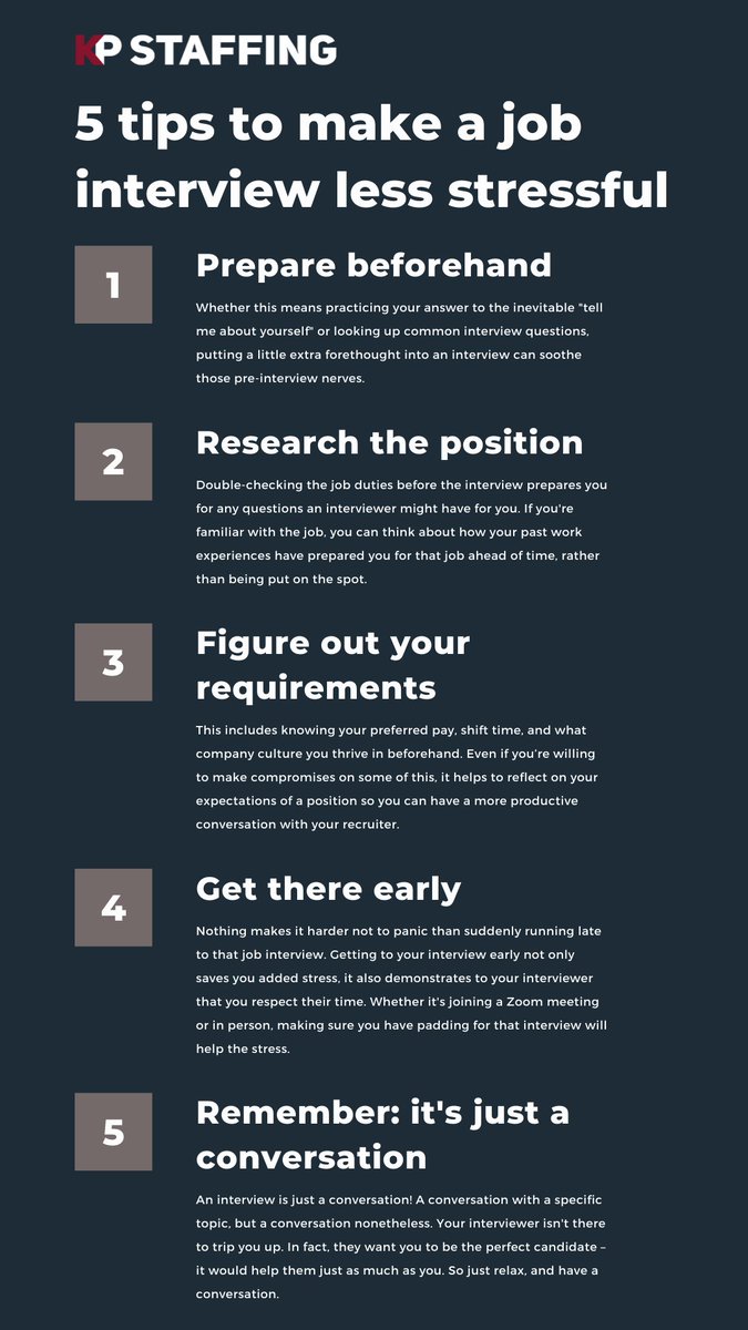 KPstaffing_'s tweet photo. Pre #interview nerves? We’ve all been there. Here are some tips to take away some of those pre-interview jitters and set you on the path to landing your next great job!  #interviewskills #jobsearch #staffingagency #kpstaffing https://t.co/opmMiBReNJ