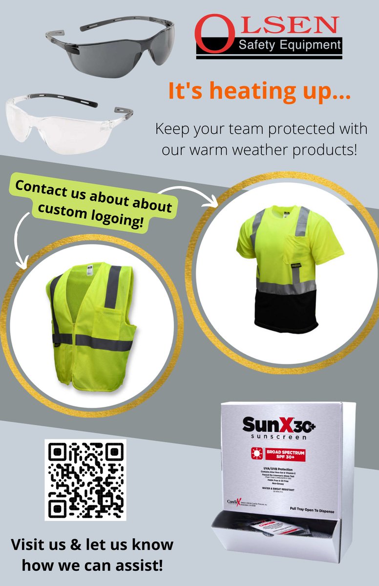 OlsenSafety's tweet photo. Days are getting longer &amp; the sun's getting #hotter…soon!😎 #GearUp with #OlsenSafety this #Spring &amp; #BeatTheHeat!☀️https://t.co/FyYsYLtDBd

info@olsensafety.com
8003436461

#glasses #PPE #hivis #vests #shirts #sunscreen #summer #supplies #Team @RadiansInc @GatewaySafety https://t.co/vGOBMcTojx