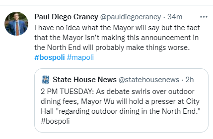 TeaPartyUSA1's tweet photo. N.Andover Republican who runs a far-right dark money group has a critique of Mayor Wu's announcement that she'll be making an announcement about #NorthEnd outdoor dining

Paul Craney's #MassFiscal has not complied with an #OCPFReport order to disclose donor info #MaPoli https://t.co/CtzIYvbbQK