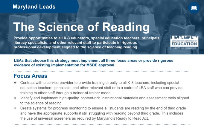 MdPublicSchools's tweet photo. Teaching grounded in the science of reading is one of seven @MdPublicSchools strategies to accelerate learning. 

Maryland Leads uses #ESSER funds to support districts that implement specific evidence-based approaches for creating #EarlyReaders. 

https://t.co/kyYUZwss5g https://t.co/nFKLySDUsc