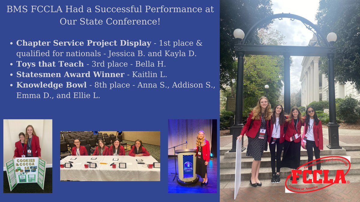 A HUGE congrats to our FCCLA members attending the state conference last week. Jessica B &amp; Kayla Dwon 1st place in Chapter Service Project Display &amp; will advance to nationals! Bella H won 3rd place in Toys that Teach, winning $50. Kaitlyn L won Statesmen Testing! Way to go girls!