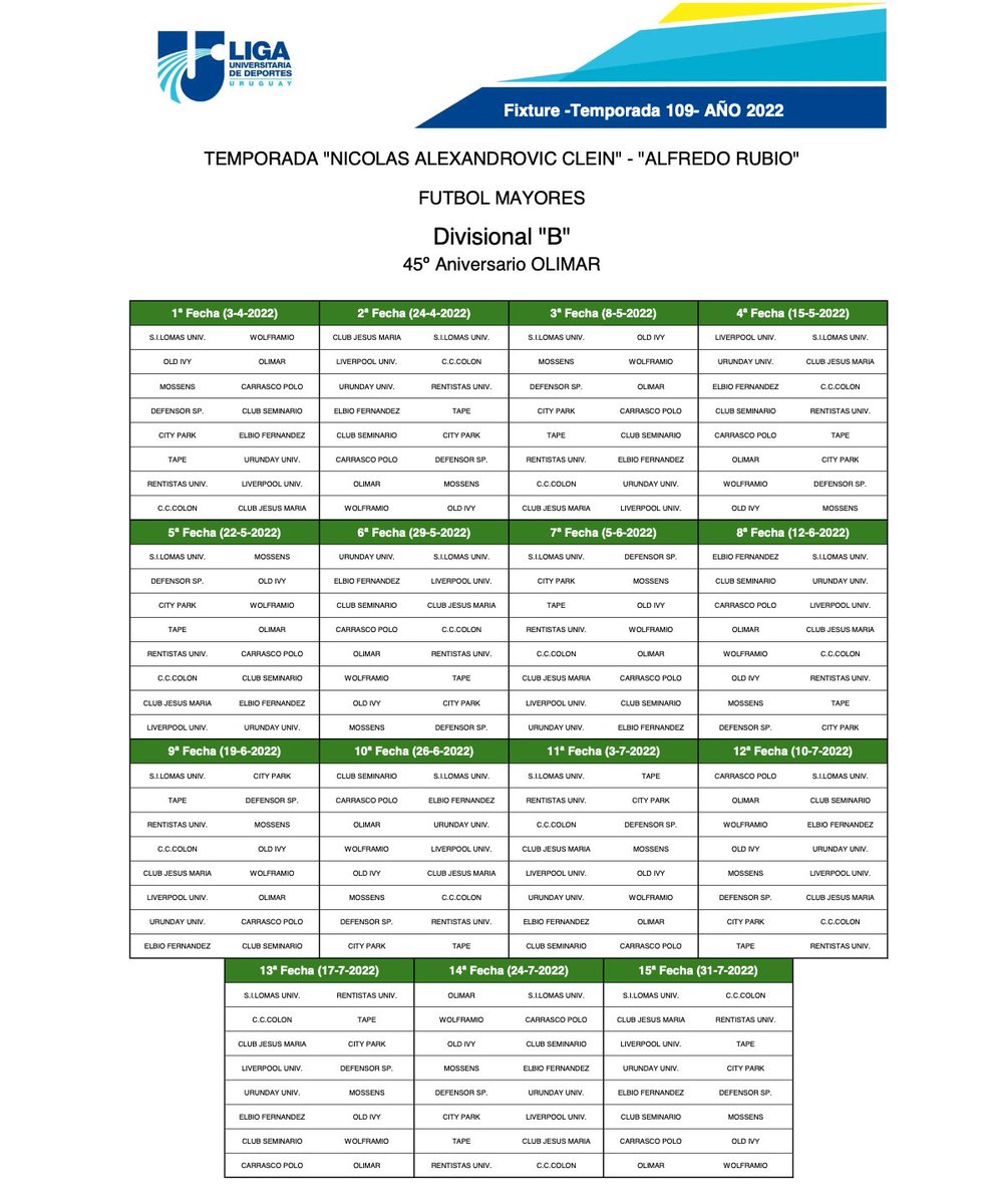 ⚽️ 🆚 FIXTURE Mayores Temp. 2022
🏆 Divisional B

📅 Fecha 1
SI Lomas 🆚 Wolframio
Old Ivy 🆚 Olimar
Mossens 🆚 Polo
Defensor 🆚 Seminario
City Park 🆚 Elbio F. 
TAPE 🆚 Urunday
Rentistas 🆚 Liverpool
CC Colón 🆚 Jesús María