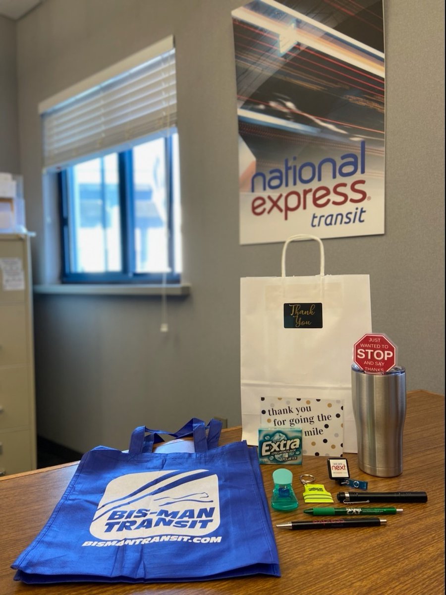 NatExTransit's tweet photo. The team in Bismarck, ND, celebrated Transit Driver Appreciation Day last week. The team was given gift bags filled with location-themed items. Thank you for all that you do drivers! #TransitDriverAppreciation https://t.co/AtxNBj05E4