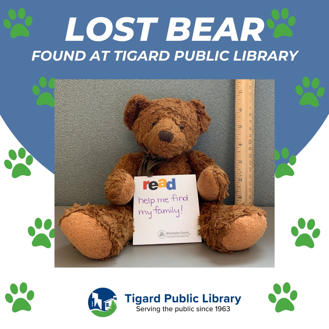 TigardLibrary's tweet image. We&apos;re still looking for this little bear&apos;s family. Would you help by sharing his photo? 

#Tigard #TigardPublicLibrary #LostAndFound #LibraryAdventures #TeddyBear