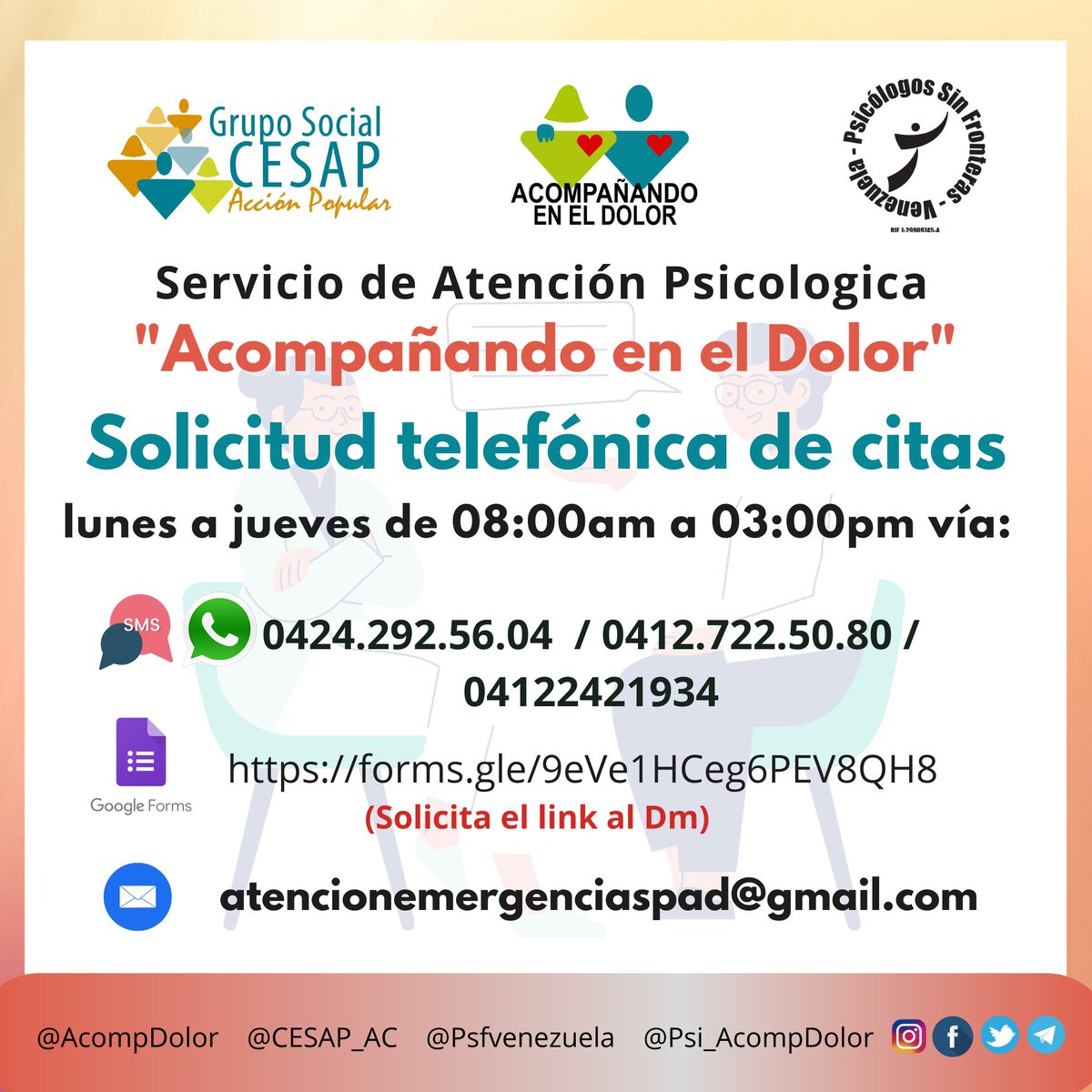 CESAP_AC's tweet photo. Si necesitas ayuda psicológica, puedes comunicarte con el servicio de atención psicológica @AcompDolor, programa desarrollado con @psfvenezuela.

Tu salud mental es importante para nosotros ✅ 

#SomosCESAP #CESAP2022 #atencionpsicologica #SaludMental #29Marzo https://t.co/dQ574pUIHI