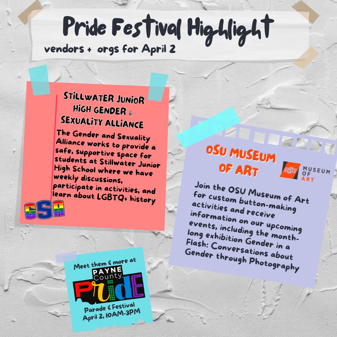 PayneCoPride's tweet photo. Our eigth festival highlight is SJH GSA and OSU Museum of Art! Meet them &amp; more at Payne Co Pride Parade &amp; Festival April 2!⁠
⁠
#paynecopride #okstate #stillwaterok  #gsa #osumuseumofart https://t.co/0XwsVOCUNb
