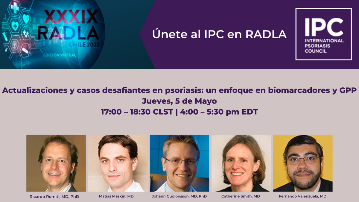 IpcPs's tweet photo. Acompaña al Consejo Internacional de Psoriasis en nuestro próximo simposio virtual durante la Reunión Anual de Dermatólogos Latinoamericanos (#RADLA) 2022: Actualizaciones y casos desafiantes en #psoriasis: un enfoque en biomarcadores y GPP.
https://t.co/v1TrkaliTx https://t.co/nWryu7p2aV