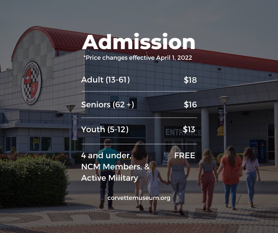 corvettemuseum's tweet photo. Effective April 1, 2022 the following changes of admission prices to the National Corvette Museum will take effect. To plan your visit, find us online at https://t.co/0FqNzJY0pv. https://t.co/bevl1nPiw4