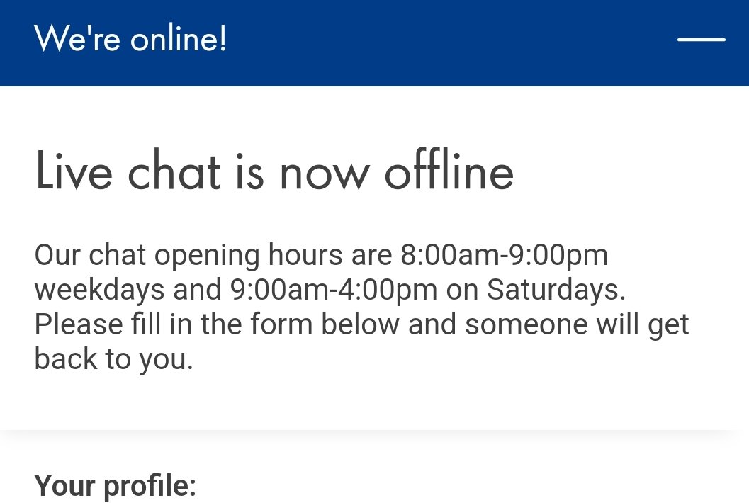LolaMalone's tweet photo. @ShellEnergyHome sat on a live chat for twenty minutes at position 10 in the chat then get an email saying I missed the chat and now you're online but offline with an hour to go on the opening times? How does this work? Wont let me send the message either, so confusing. https://t.co/jnyvgR2cP0