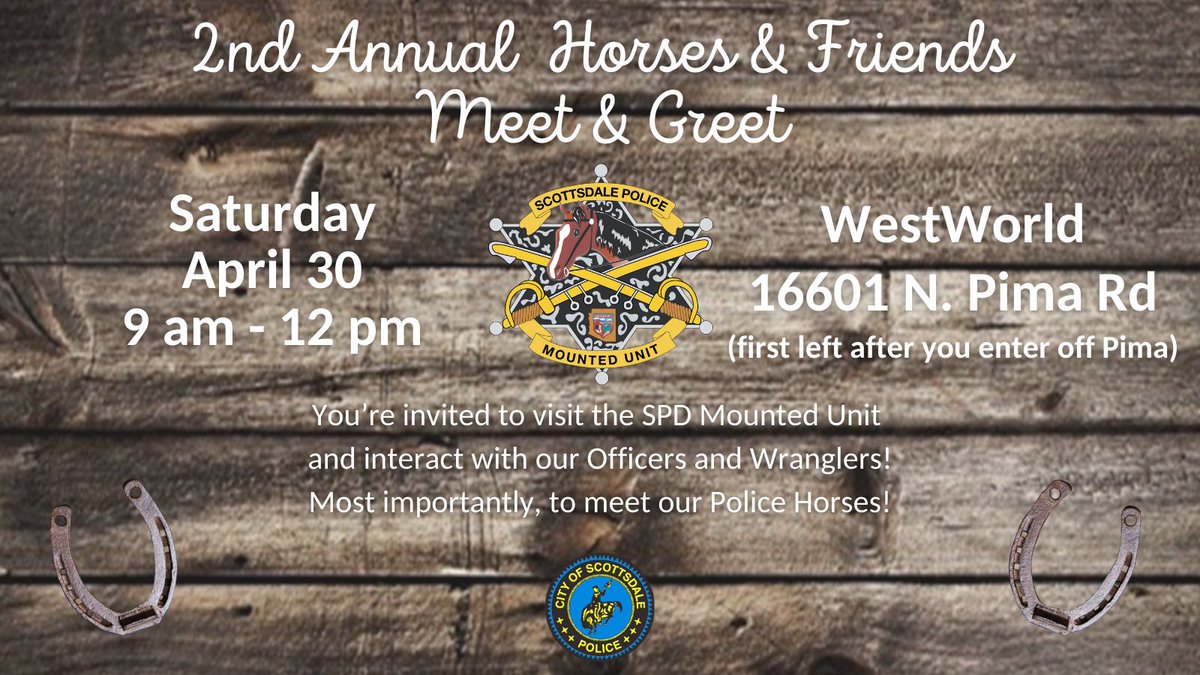ScottsdalePD's tweet photo. We're one month away from the 2nd Annual Horses & Friends Meet & Greet! Mark your calendar now to join us at the end of April.
#SPDMountedUnit #openhouse #meetandgreet #ScottsdalePD #BeMore #ScottsdaleWithKids #ScottdaleFamilyFun https://t.co/yePxq00fqD