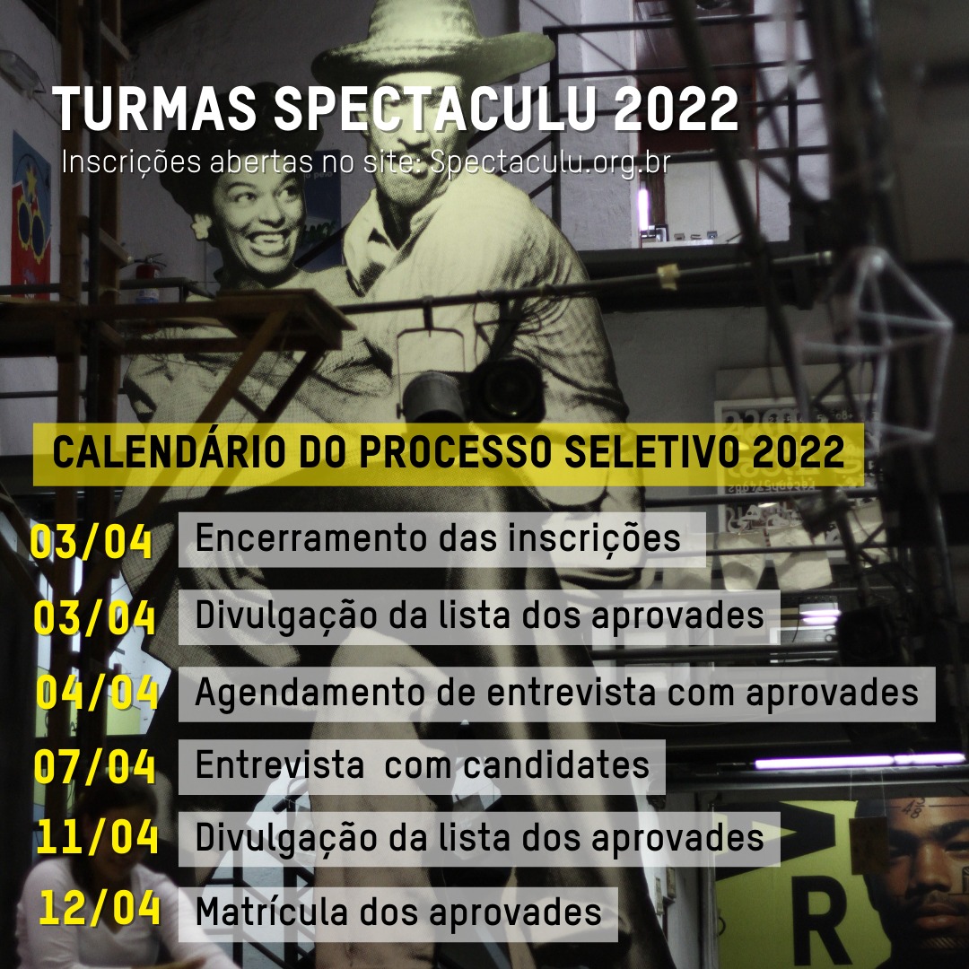 Ei, bora investir no seu futuro? 🤩
Espalha pra geral que ainda dá tempo de se inscrever nas turmas da Spectaculu 2022.
Não fica de bobeira! As inscrições vão até 03/04, pelo link: forms.gle/E3taZjGLEwW69K…