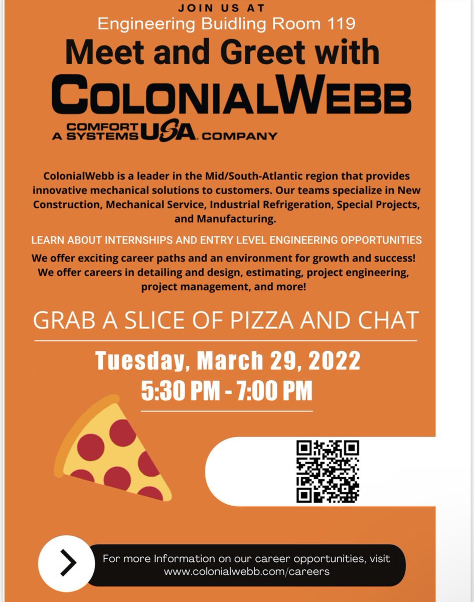 Join Colonial Webb today in the Engineering Building room 119 for their meet and greet! Pizza will be provided, so please show up on time and ready to listen! 🧡💙