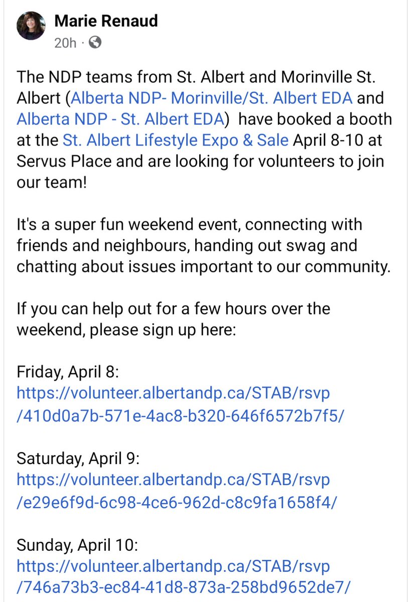 stalbertndp's tweet photo. We'll be at the St. Albert Lifestyle Expo April 8-10 at Servus Place with the @MvilleStANDP team.

Come say hi or sign up at https://t.co/eGufXnIdg1 to help man the booth for a few hours!

We hope to see you there! https://t.co/22DH8EB8gj