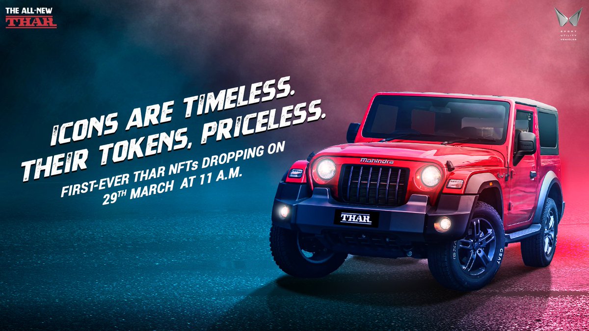 arvind_btc's tweet photo. M&amp;M has become the 1st Indian carmaker to enter the NFT space!
The 1st NFT is based on the iconic Thar🚘

4 NFTs are up for sale on Tech Mahindra’s NFT marketplace!

Start bidding👇🏻:
https://t.co/3tubqb2svx

#MahindraThar #TharNFT #MetaThar #ExploreTheImpossible https://t.co/s2zCwxiea0