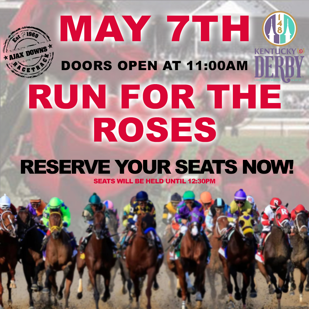 AjaxDowns's tweet photo. Kentucky Derby 🏇 🌹 May 7 #ajaxdowns #offtrack Reserve your seats!  #runfortheroses #kentuckyderby #rightinyourbackyard #ontarioracing #quarterhorse #townofajax #horses #offtrack #durhamregion #sportsdurham #dosomethingdifferent https://t.co/wuMstfzbEq