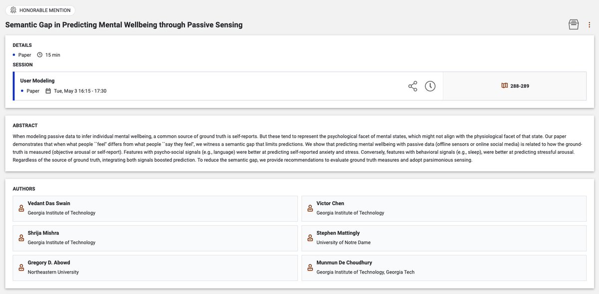 VedantNeedMoEdu's tweet photo. 🏆 Our work received an Honorable Mention award at #CHI2022! Ah sweet patience 🫠
Peek at the paper here: https://t.co/Gum1fzHxEe
.
Victor Chen, Shrija Mishra, Stephen Mattingly, @gabowd @munmun10  
PS. One of them^ knew this work was award worthy years ago. https://t.co/GrVHgjomCI