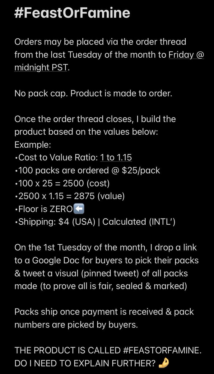 jcutlersburner's tweet photo. April #FeastOrFamine 17:
ORDER THREAD
No Pack Cap. Made to Order.
Thread Closes & Payments Due 4/1 @ midnight
On the list? Comment w/your claim up to the max https://t.co/kRRyyoROPt
NOT on the list? Sync w/someone that is
Draft: April 5th @ 4:30PM PST
โค๏ธ & RETWEET https://t.co/vldiOns8wR
