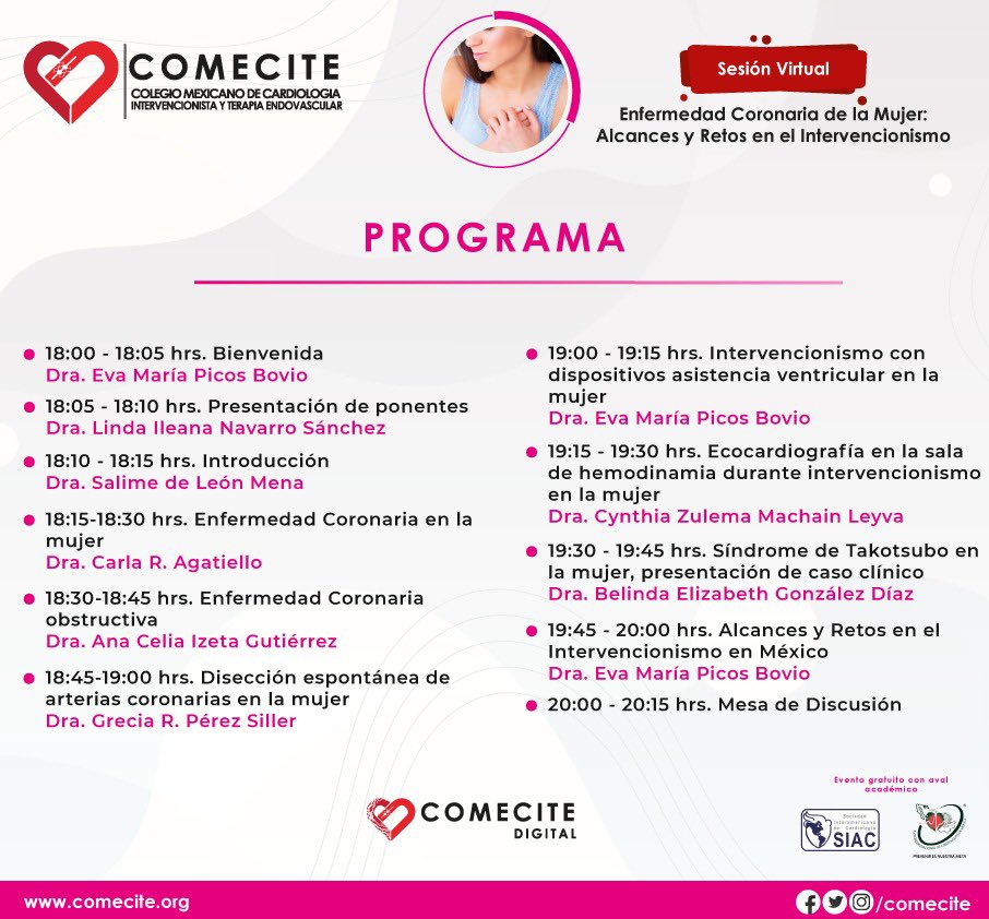 comecite's tweet photo. ¡Hoy tenemos una cita!
🫀👩🏻 Enfermedad Coronaria de la Mujer: Alcances y Retos en el Intervencionismo
🗓 29 de Marzo 🕕 18:00 Hrs. (CDMX)
💻📱https://t.co/1RxLLBPAMQ
#COMECITE #cardiologia #virtual #intervencionismo #CardiologiaIntervencionista https://t.co/wSqmUY4DSf