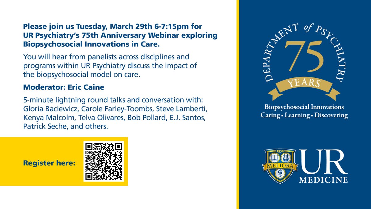 urmed_psych's tweet photo. Happening tonight! Come hear about the latest updates on clinical care at UR Medicine Mental Health and Wellness and how the biopsychosocial model impacts the care we provide. Be sure to register at https://t.co/uXt4Yc3n9h to get the Zoom link in your inbox! 

#mentalhealth https://t.co/hwbI7ZrLxl