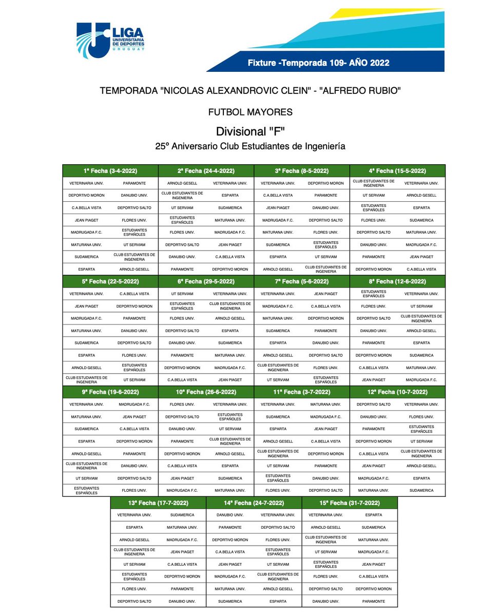 ⚽️ 🆚 FIXTURE Mayores Temp. 2022
🏆 Divisional F

📅 Fecha 1
Veterinaria 🆚 Paramonte
Dep. Morón 🆚 Danubio
Bella Vista 🆚 Dep. Salto
Jean Piaget 🆚 Flores
Madrugada 🆚 Est. Españoles
Maturana 🆚 UT Serviam
Sudamérica 🆚 CEI
Esparta 🆚 Arnold Gesell