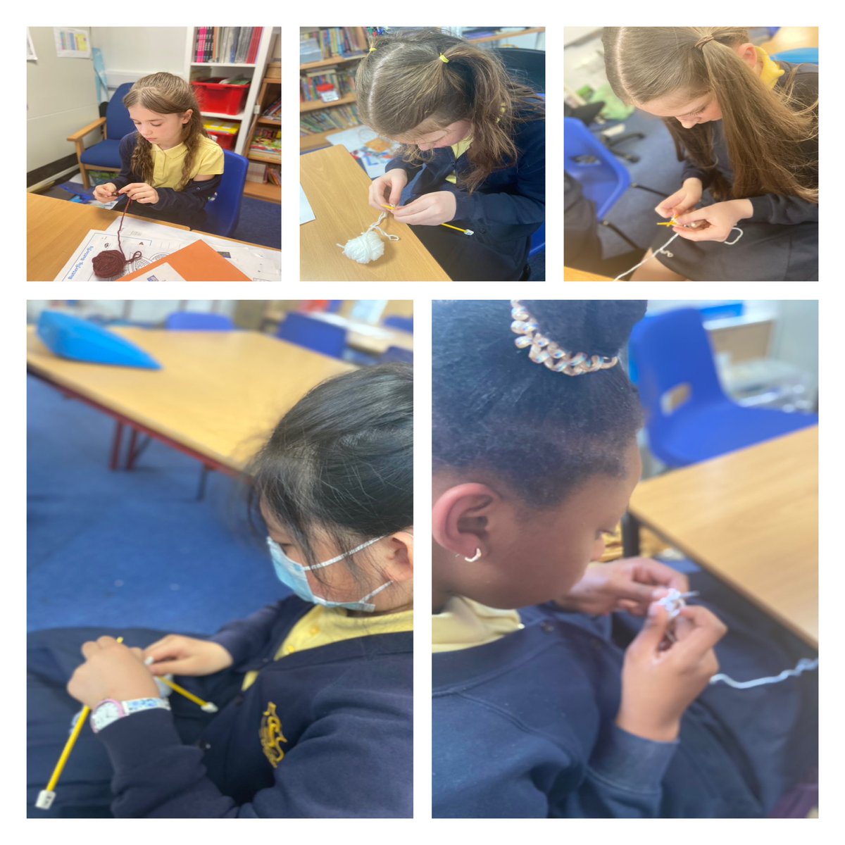 MrsBerry21SC's tweet photo. My new year5 and 6 knitters! Two can already knit and the other three fantastic! Julia, learning to crochet but passed her skills on to Mollie today! @stcleopas @StCleopasYear5 #greatforourmentalhealth #learninganewskill https://t.co/sgFaTxFI6Q