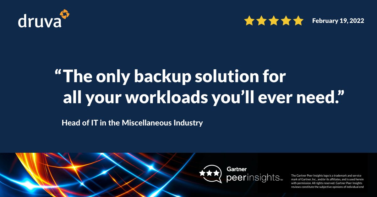 sameeragashe1's tweet photo. "The only backup solution for all your workloads you'll ever need" — Head of IT Miscellaneous Industry. https://t.co/IYe2rr0S71 #GartnerPeerInsights #DruvaWorks #CustomerStories #DataBackup https://t.co/nOl6WpphUw