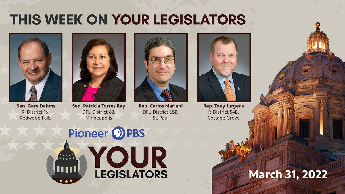 We're back to a live episode of <a href="/YourLegislators/">Your Legislators</a>
 this Thursday, March 31: 

Sen. <a href="/TorresRayMN/">Patricia Torres Ray</a> (DFL), District 63, Minneapolis
@sendahms (R), District 16, Redwood Falls
Rep. <a href="/Cmarianirosa/">Carlos Mariani</a> (DFL), District 65B, St. Paul
Rep. <a href="/TonyJurgensMN/">Tony Jurgens</a> (R), District 54B, Cottage Grove

#MNLeg