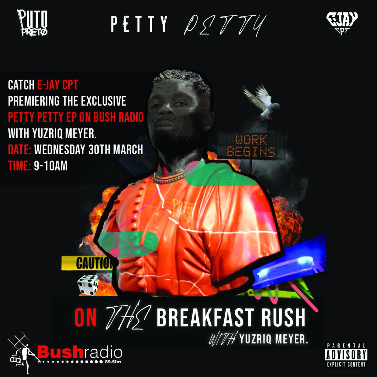 EjayCPT_'s tweet photo. Cape Town! Tune into @Bushradio tommorow on #THEBREAKFASTRUSH with @Yuzriq AS I EXCLUSIVELY DROP JOINTS OF MY NEW "PETTY PETTY" EP! TIME 9AM - 10 AM! TUNE IN! "WAR CRY" Ft. KRO-BARZ Out Now! https://t.co/Tz1Te5w48z < https://t.co/pa28gva39E