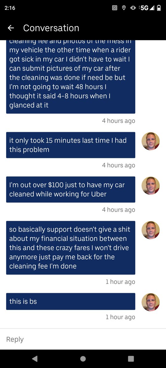 AaronCyganik's tweet photo. Uber ignoring a reimbursement fee and not doing anything to help me out after a rider got sick in my vehicle and I had to pay over $100 out of pocket my kids ride in my car and now they ignore my messages pretty low in my book for a company to do that https://t.co/OK9E7BI1Vy https://t.co/E6fZgC3gvo