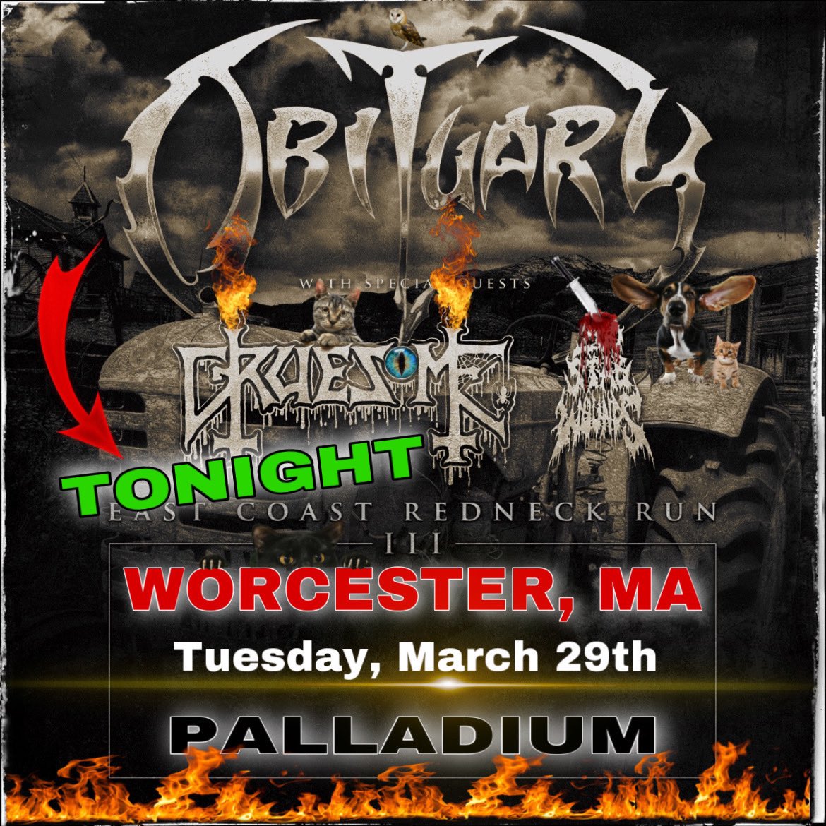obituarytheband's tweet photo. Worcester - TONIGHT 
       - Early Show - 
Doors - 7pm
200 Stab Wounds - 7:30
Gruesome - 8:20
Obituary - 9:25 https://t.co/xFaQjUpml7