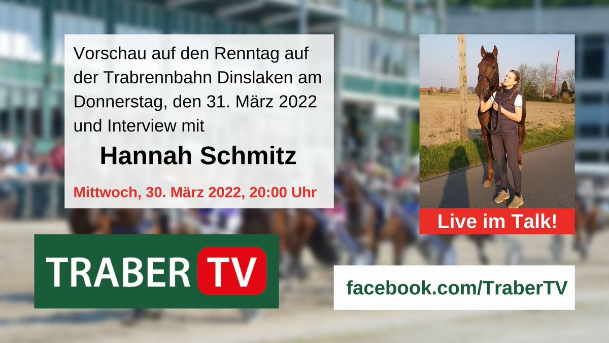 Am Donnerstag trägt <a href="/dintrab/">Dintrab</a> 8 #Trabrennen in einer Abendveranstaltung aus. Morgen abend ist Hannah Schmitz bei <a href="/Traber_TV/">TraberTV</a> zu Gast, um auf den Renntag vorauszublicken und von ihrem 10jährigen Traberhengst "Fast and Furious" zu erzählen - ab ca, 20:00 Uhr.

#TraberTV #Dinslaken