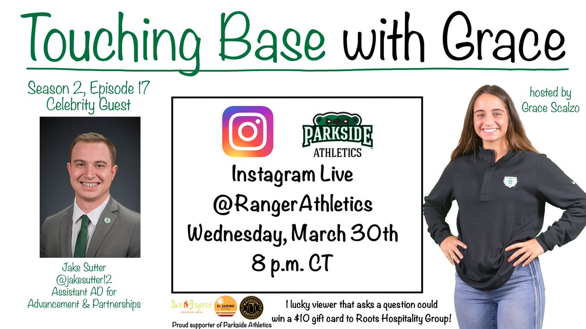 RangerAthletics's tweet photo. TUNE IN TOMORROW for Touching Base with @gracescalzo and celebrity guest @JakeSutter12! They'll talk about all things #ParksideDay amongst many other topics.

1 lucky viewer who ask a question could win a gift card to Roots Hospitality Group!
@uwparkside https://t.co/kjghzjEKTv