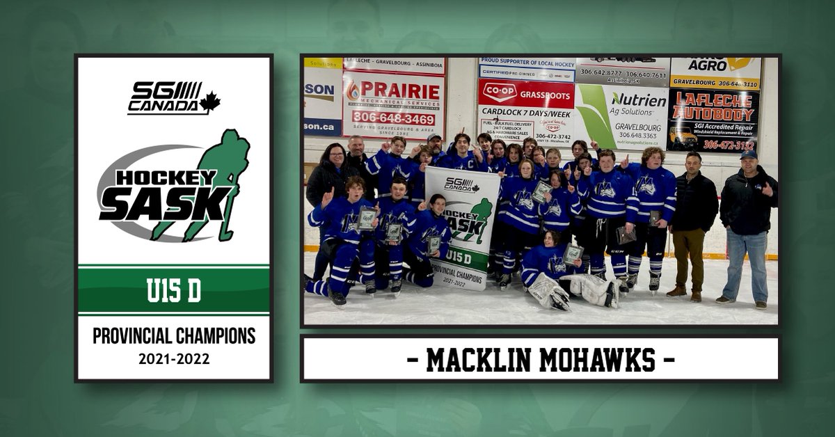 hockeysask's tweet photo. 🏆🏒 @SGI_CANADA PROVINCIAL CHAMPIONS 🏒🏆

DIVISION➡️UNDER-15 D
TEAM➡️MACKLIN MOHAWKS 

A strong Macklin team came to play against Lafleche and we commend them both. Was a great display of skill and sportsmanship in the finals. #HockeySask https://t.co/zFU89I3c65