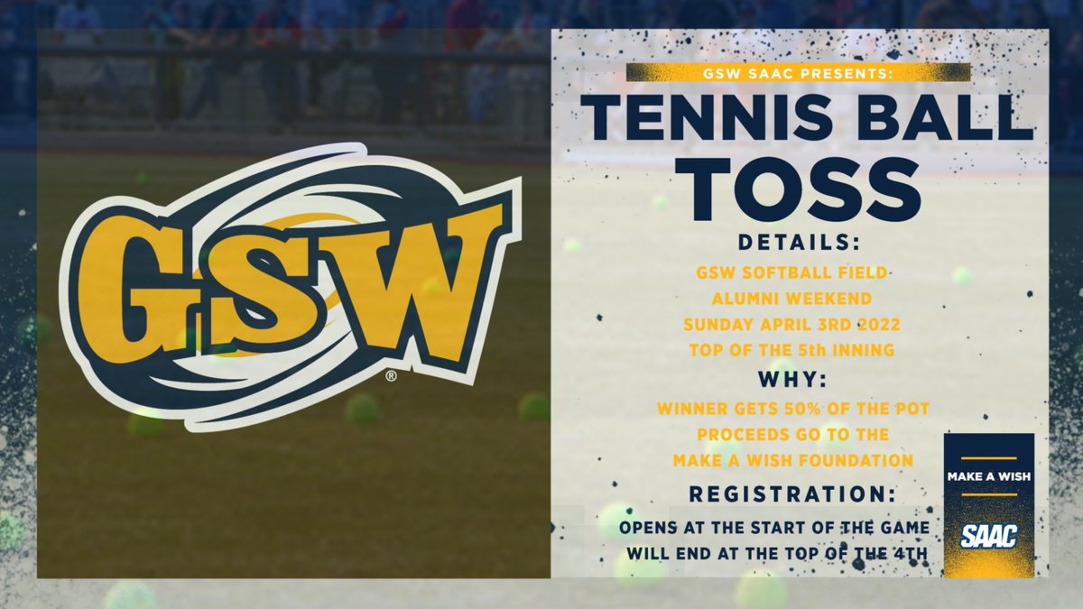 GSWAthletics's tweet photo. SUNDAY at @_GSWSoftball

Win some $$$!

@gswsaac is hosting a pair of 🎾 Toss contests this weekend to benefit Make-A-Wish Foundation.

Toss your 🎾 from the outfield bleachers &amp; closest to 2nd base splits the pot! 💰
 
$5 for 1 ball
$10 for 3 balls

📱 Cash App, 📱 Venmo or 💵 https://t.co/X3GMK8v0kl