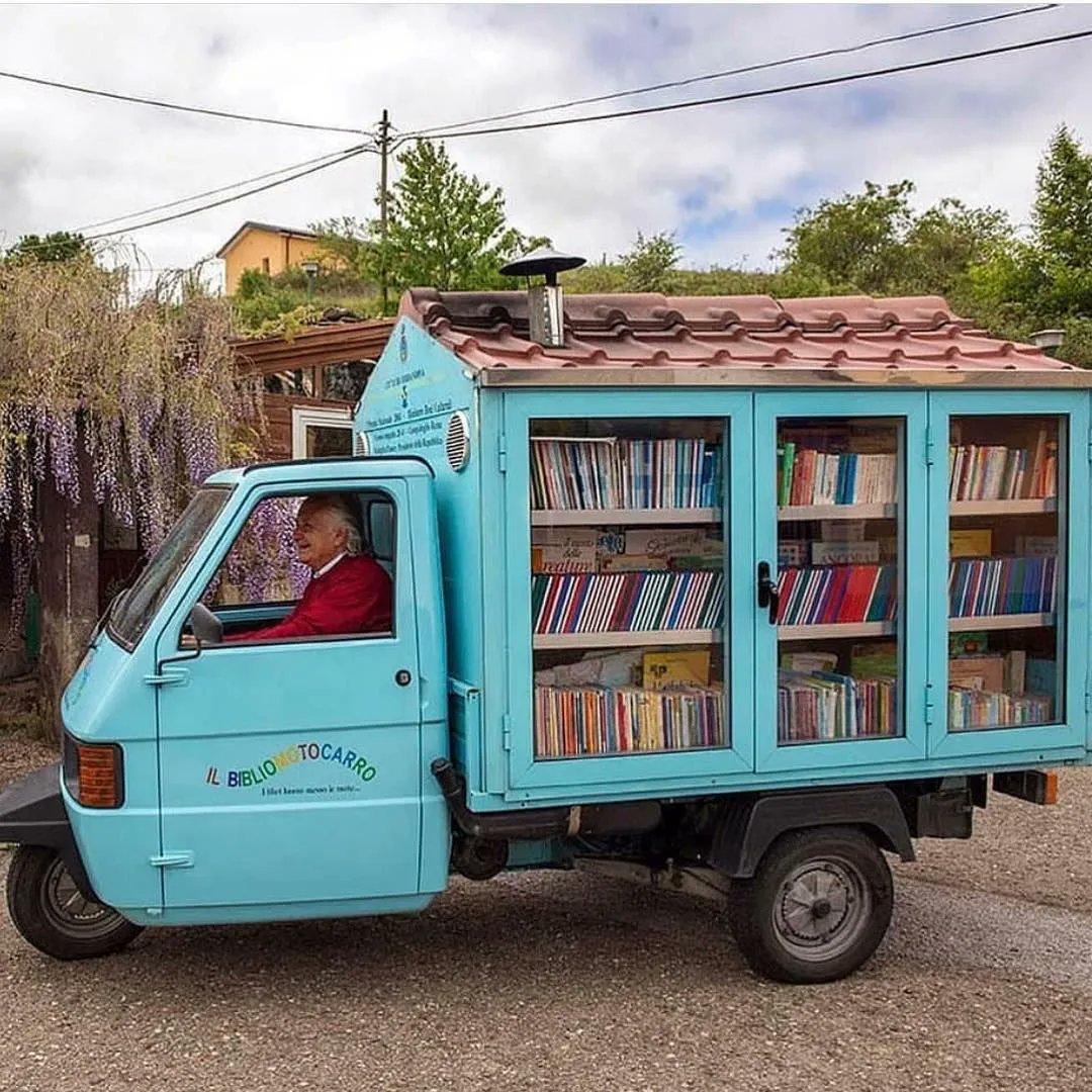 BookChat_'s tweet photo. Retired teacher Antonio La Cava travels to the villages of Basilicata in his lovely little bookmobile to promote reading. Truly Amazing. https://t.co/MBQEkiSGiC