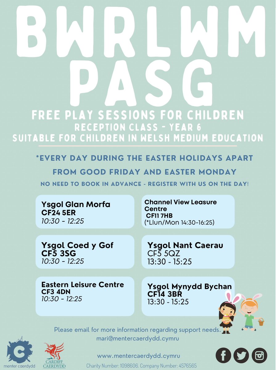 🌼 Dewch i greu BWRLWM dors Gwyliau’r  Pasg! 🥳☀️

• AM DDIM i blant 4-11 oed
• Dewis o 6 lleoliad ar draws Caeedydd
• Gyda llu o weithgareddau trwy’r wythnos! 🙌

#amddim #caerdydd #cymraeg