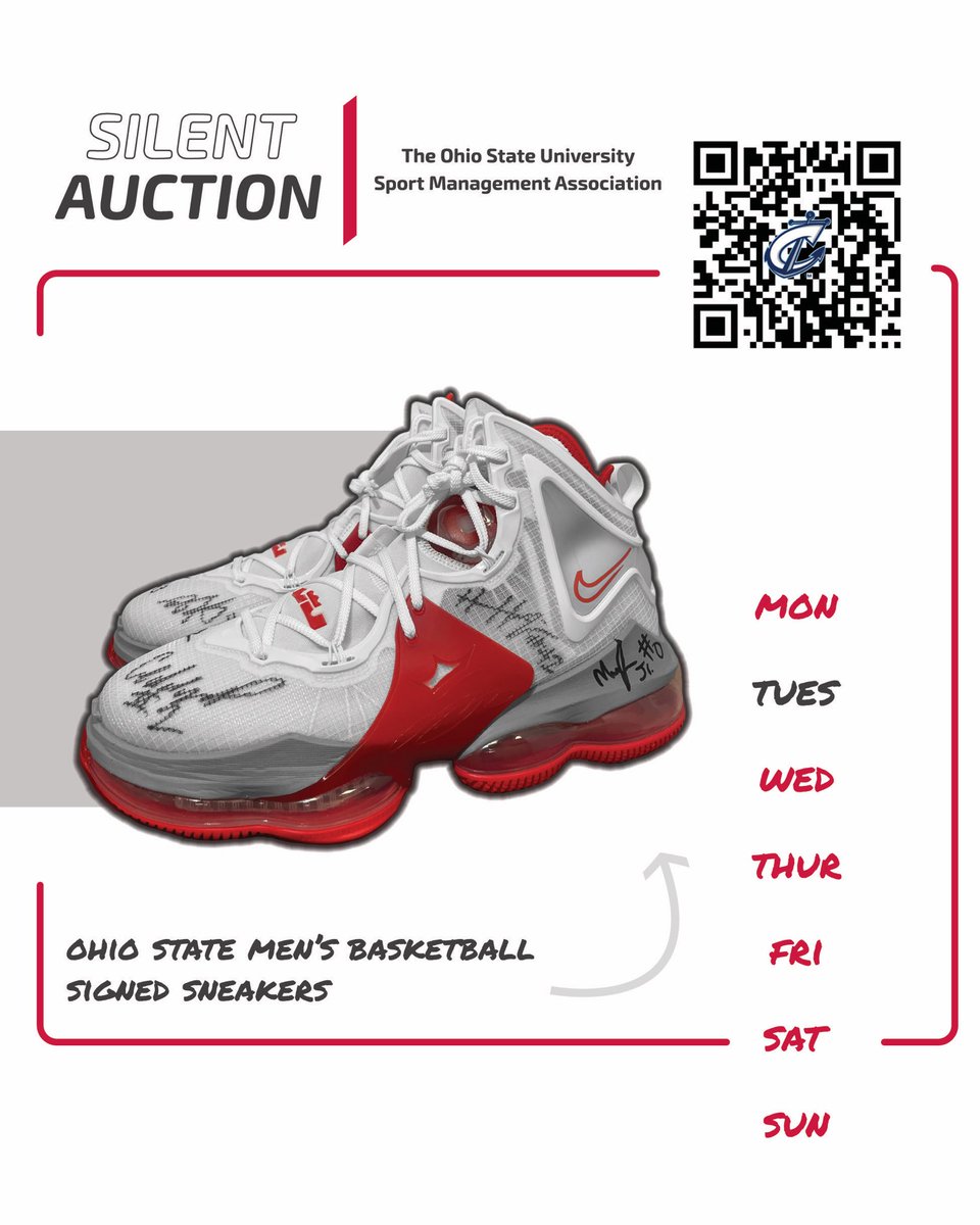 OSUSportMgmt's tweet photo. Ohio State’s #MarchMadness run ended, but you can snag these shoes signed by the ENTIRE men’s basketball team at our silent auction on April 14! Make sure to secure your tickets using the QR code! #gobucks #sportmanagement #basketball https://t.co/xLYB11zZWl